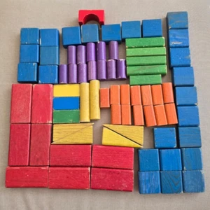 VTG. Assorted Multi Color Multi Shape Wooden Building Block 74 Pieces Playskool - Picture 1 of 12