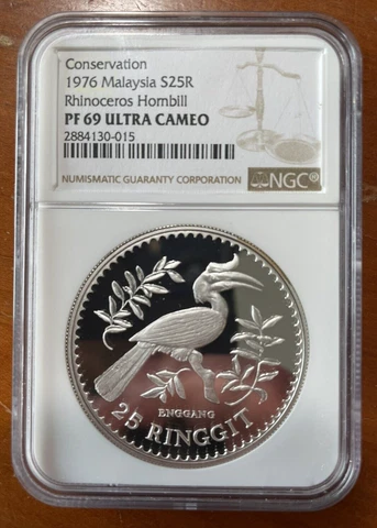 1976 Malaysia 25 ringgit Conservation Rhinocerous Hornbill - PF69 UCAM NGC Cover