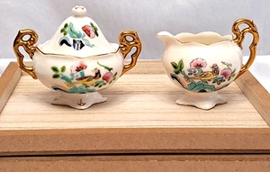 Vintage Hand Painted Mini Cream Sugar Bowl Japan Gold Floral Birds Bone Ceramic - Picture 1 of 18