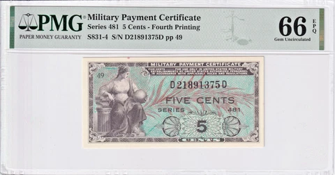 MPC Series 481 5 Cents Fourth Printing S831-4 PMG Gem Unc 66EPQ #D21891375D Cover