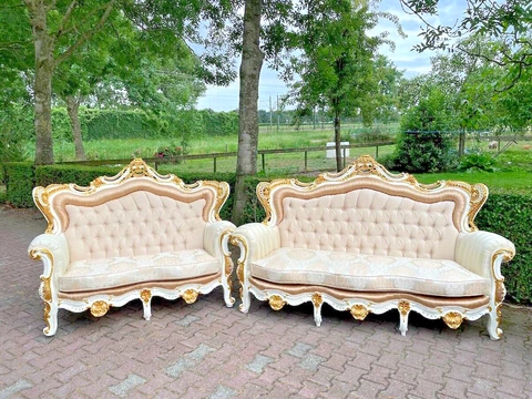 Italian Baroque/Rococo Sofa Set in Lacquer Beech and Damask-2 pieces Cover