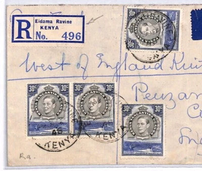 KENYA KUT Air Mail KGVI Cover *ELDAMA RAVINE* Registered 1948 Penzance YO321 - Image 1 of 4