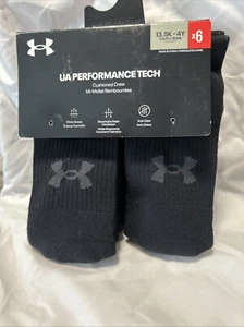 Under Armour Kids Performance Tech Crew Socks Size 13.5K-4Y Black 6 Pairs - Picture 1 of 3
