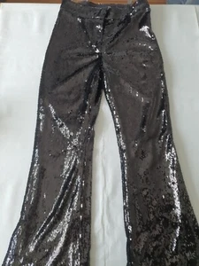 Women's UK8 River Island Wide Leg Sequin Trousers Black Petite - Picture 1 of 8
