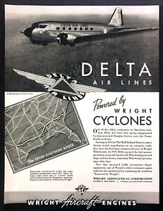 1940 Delta Airlines Airplane photo Southern Route Map Wright Engines print ad
