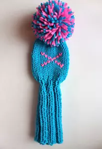 *9" turquoise bright pink X knit headcover for medium hybrids, pom - Picture 1 of 1