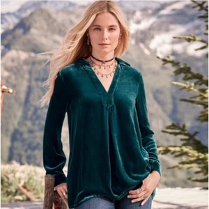 SUNDANCE Velvet Nuance Long-Sleeve Popover Top in Deep Teal Blue-Green Size S - Picture 1 of 8