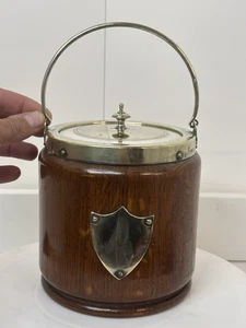 Vintage Holzeimer mit Keramikintarsien & versilbertem Deckel Griff Schild - Bild 1 von 16