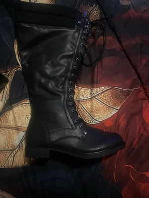 Torrid NWB Knee Lace-up Sweater Boot Pebbled Faux Leather WW Size 7 Black - Image 1 of 4