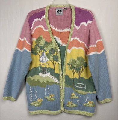 Vtg Storybook Knits Summer Romance sz 1X Cardigan Sweater cottage pink blue - Image 1 of 4