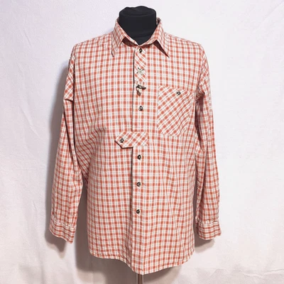 LANDHAUS Bavarian Trachten camicia uomo maniche lunghe rosso bianco bottoni a quadri taglia XL - Immagine 1 di 4