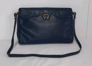 Vintage ETIENNE AIGNER Genuine Leather Navy Blue Handbag Purse Bag Shoulder Bag - Picture 1 of 8