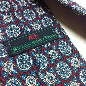 ABERCROMBIE & FITCH Silk Neck Tie Dark Red Deco Pattern Green Circle EUC - Picture 1 of 1