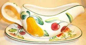HEREND VILLAGE POTTERY HUNGARY GRAVY BOAT & SAUCER HANDPAINTED BERRIES & FRUITS - Picture 1 of 8