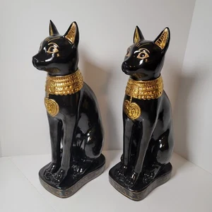 2 große alte ägyptische Bastet Replik Statuen sitzende schwarze/goldene Katzen 17,5 Zoll - Bild 1 von 15