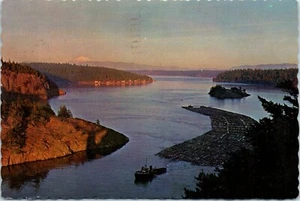 Puget Sound Log Tow, Deception Pass, View from the Bridge, Washington Postcard - Picture 1 of 2