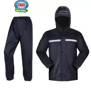 Men Black Hooded Rain Suits Jackets Pant Gear Raincoat Waterproof Outdoor Hiking - Picture 1 of 28
