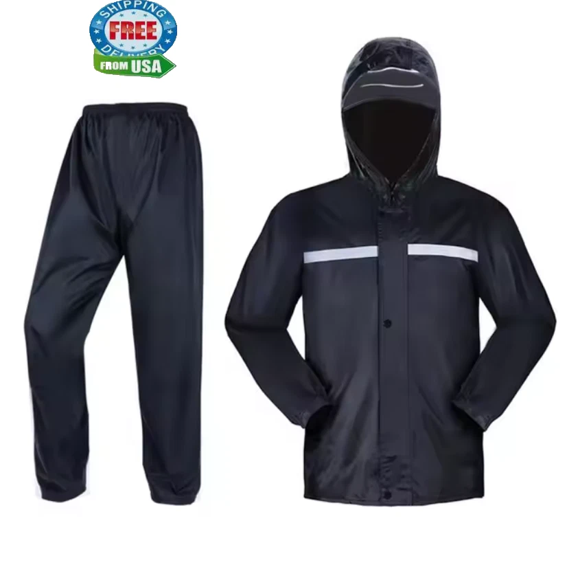 Men Black Hooded Rain Suits Jackets Pant Gear Raincoat Waterproof Outdoor Hiking - Image 1 of 4