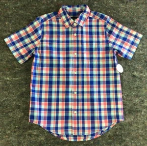 Boys Plaid Button Front Dress Shirt Short Sleeve Blue Pink Size 10-12 - Picture 1 of 9