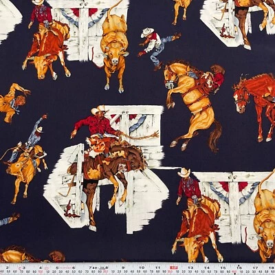 Vtg 1994 Alexander Henry Western Cowboy Bull Horses Navy Cotton by the HALF YARD - Image 1 of 2
