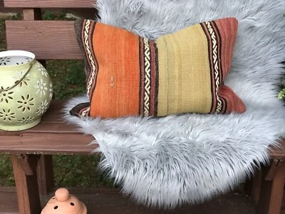 Funda de almohada turca Kilim almohada hecha de alfombra tejida a mano vintage 23x16"  Foto 1 de 4