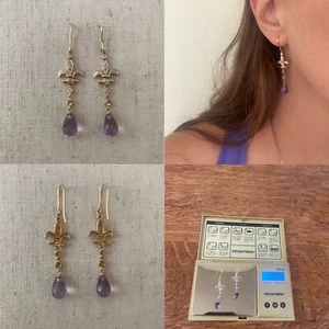 JCR Signed 14k 14 Karat Gold, Amethyst, Diamond Fleur De Lis Drop Earrings 3.4g - Picture 1 of 11