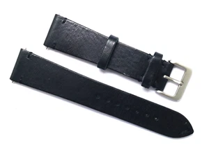 21mm Black Genuine Leather Classic Style Watch Band Handmade Silver Matte Buckle - Picture 1 of 4