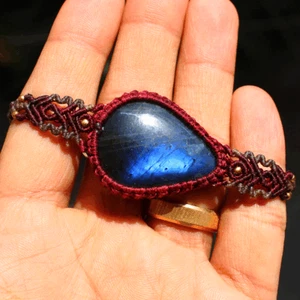 Handmade Natural Labradorite Blue Fire Micro Macrame Cuff Boho Crystal Bracelet - Picture 1 of 11