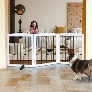 New-Freestanding Foldable Indoor Dog Fence for Stairs Wood White Long Pet G - Picture 1 of 6