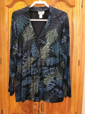 Coldwater Creek Black/Aqua/Green Tropical Print Travel Knit Jacket Cardigan Top - Image 1 of 3