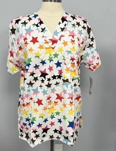 NWT Buttersoft Rainbow Stars Scrub Top Unisex M Cotton Scrubs Nurse CNA uniform - Picture 1 of 7