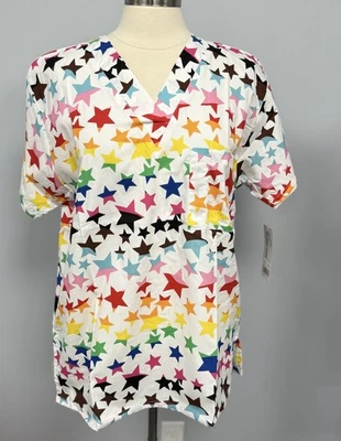 NWT Buttersoft Rainbow Stars Scrub Top Unisex M Cotton Scrubs Nurse CNA uniform - Image 1 of 4