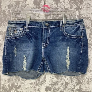Rue 21 Denim Shorts Womens Size 11/12 Blue Distressed Button Pockets Casual - Picture 1 of 15