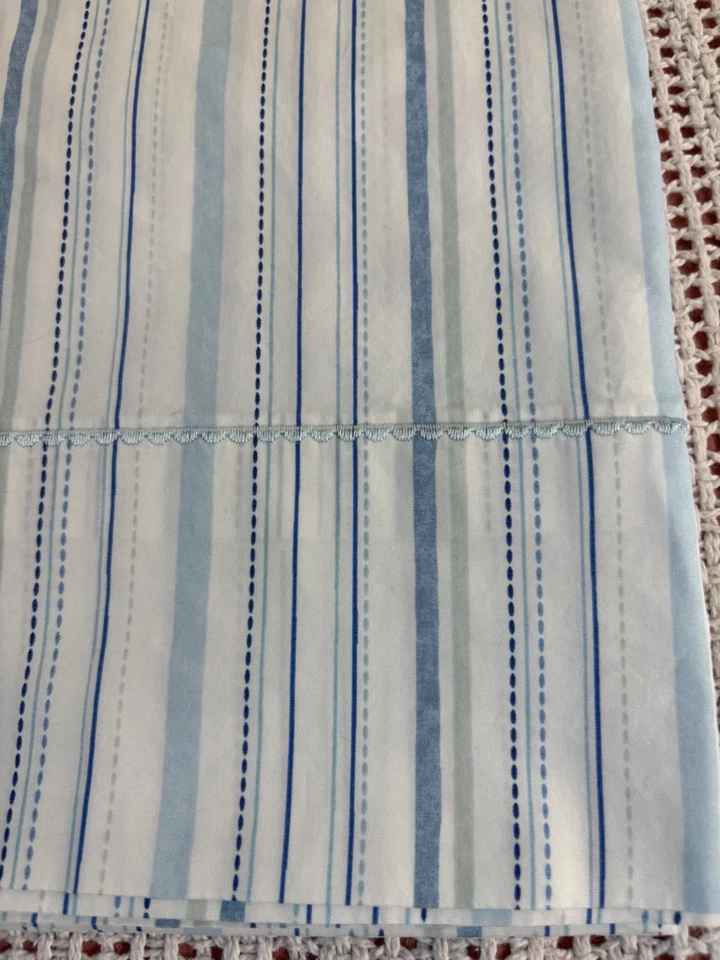 Martha Stewart Twin Flat Sheet 100% Cotton Blue Striped Embroidered Trim - Image 1 of 4