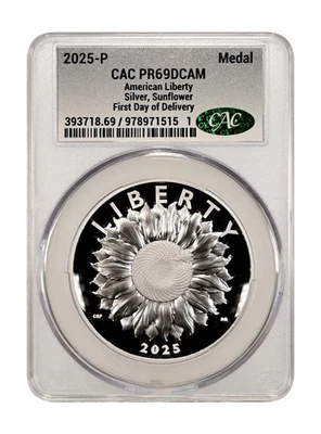 Medalha de prata 2025 P American Liberty $1 CAC PR69DCAM primeiro dia de entrega - Imagem 1 de 2