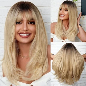 Ombre Blonde Long Straight Wig with Bangs Dark Root Long Hair With Bangs Natu... - Picture 1 of 8
