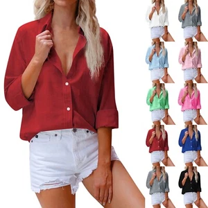 Women's Button Down Shirt Linen Cotton Blouse Tops Collared Long Sleeve Shirts - Picture 1 of 21