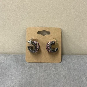 Women Signed Givenchy Earrings, Pewter Tone Rhinestone J Hoop Huggie, Piercing - Picture 1 of 9