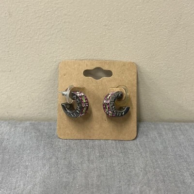 Women Signed Givenchy Earrings, Pewter Tone Rhinestone J Hoop Huggie, Piercing - Image 1 of 4