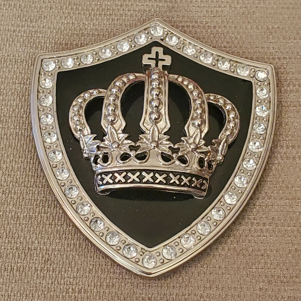 КОРОНА и СТРАЗЫ--черный серебряный щит пряжка ремня - Изображение 1 из 2