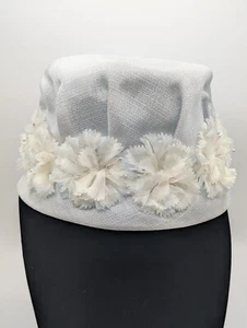Vintage 1950's 60's Light Blue Pillbox Hat White Silk Flowers Silver Pearl  - Picture 1 of 12