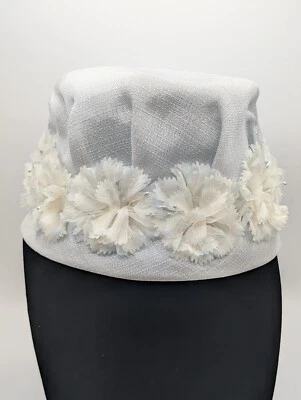 Vintage 1950's 60's Light Blue Pillbox Hat White Silk Flowers Silver Pearl  - Image 1 of 4