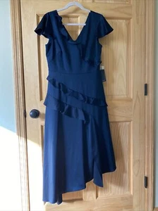 ADRIANNA PAPELL Azul Marino Volantes Vestido Talla 8 NUEVO CON ETIQUETAS Midi - Imagen 1 de 8