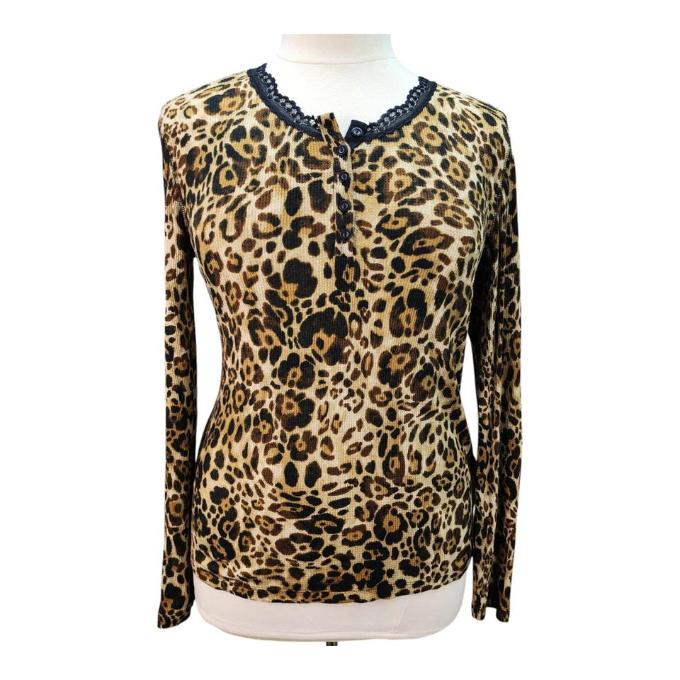 Jones New York Signature Petite LARGE Leopard Long Sleeve Lacey Waffled Thermal - Image 1 of 4