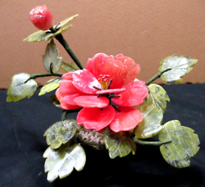 Vintage Mid Century Carved Jade Peony Flowers High Blossom Bonsai Tree 7”