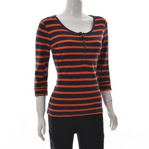 Tommy Hilfiger Womens 1/2 Button Thermal Knit T-Shirt Top Orange/Navy Striped M - Picture 1 of 7