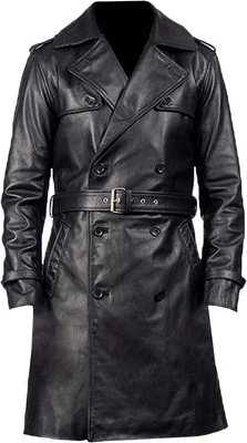 Men's Black Leather 100% Real Lambskin Vintage Trench Coat Stylish Winter Wear - Image 1 of 4