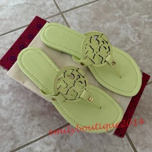 NIB Tory Burch Miller Size 8 Lime Leaf Embossed Leather Sandals Retail $198 - Picture 1 of 9