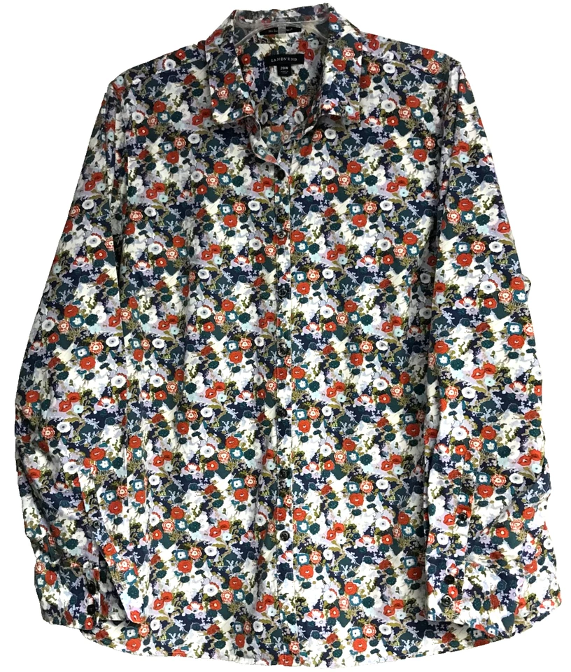 Camisa Lands' End Talla 20W 100% Algodón Rojo Floral Abotonada Cuello Sin Hierro Supima Foto 1 de 4