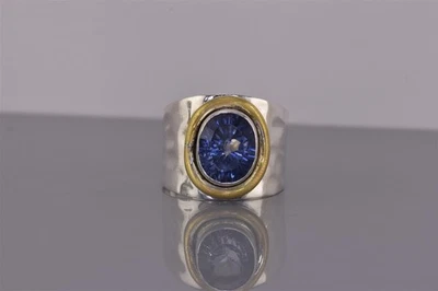 Anillo de plata esterlina y latón ovalado tanzanita martillado brazalete India 925 talla: 8 Foto 1 de 4